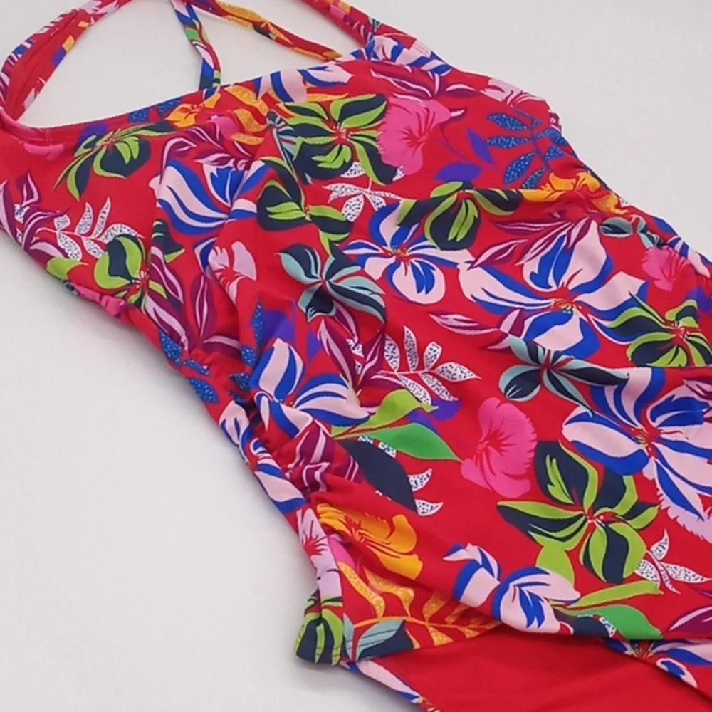 Sold! Caribbean Joe Tropical Print One Piece Swimsuit Red‎ 14 NWOT - Picture 5 of 13